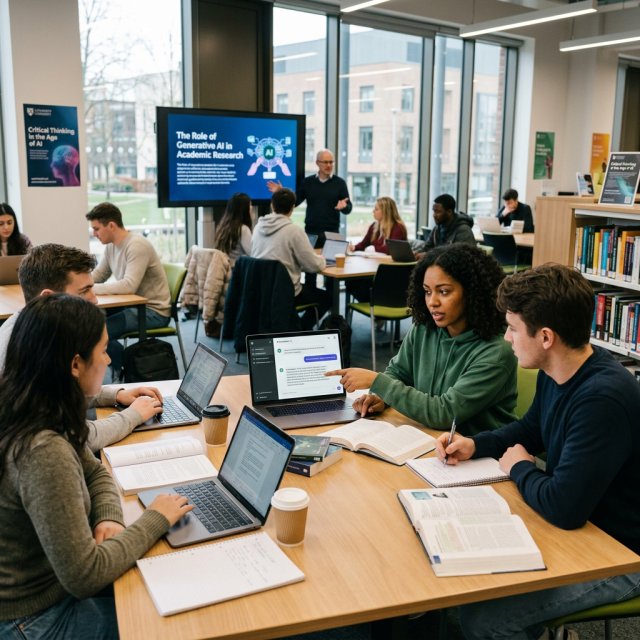 Students discuss generative AI research in a university library study area